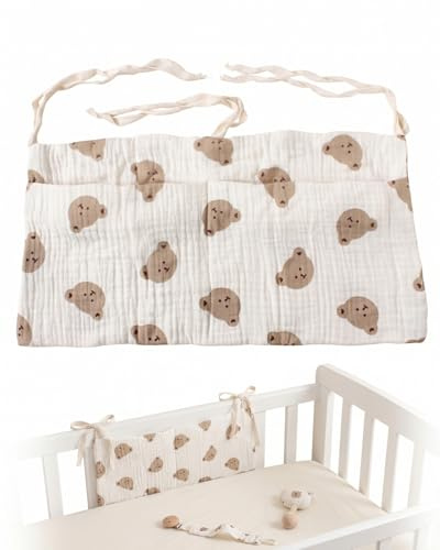 TISCH Organizador de Pañales Bebé para Cuna Colgante, Algodón Puro Caqui con Diseño de Oso, Almacenamiento Infantil para Juguetes, Ropa y Esenciales