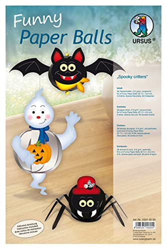 Ursus 23310099 - Funny Paper Balls Spooky critters, Material für 6 Funny Paper Balls, Durchmesser ca. 7 8 cm, 38 Papierstreifen mit Zubehör, vorgelocht, inklusive Bastelanleitung, für Kinder