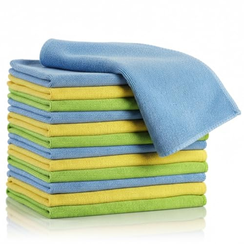 Glart luddfria mikrofiberrengöringsdukar, mjuka, absorberande och färgvänliga, 40 x 40 cm – blå, grön, gul (15-pack) | 15 stycken à 40 x 40 cm, 530 GSM, luddfri, absorberande, tvättbar, bilrengöringsdukar i blått, gult och grönt