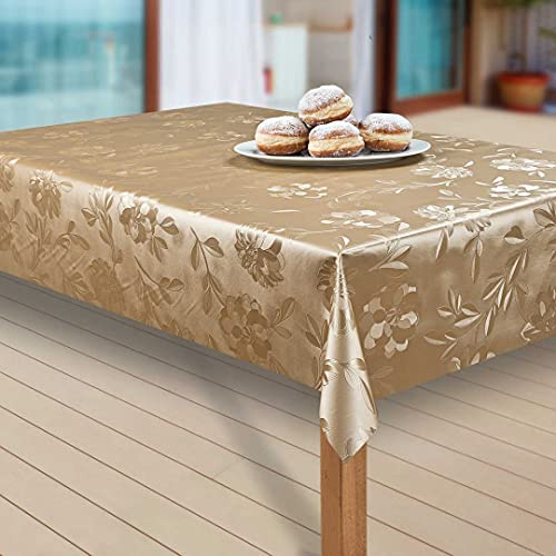 laro Wachstuch-Tischdecke Abwaschbar Garten-Tischdecke Wachstischdecke PVC Plastik-Tischdecken Eckig Meterware Wasserabweisend Abwischbar, Muster:Dahlien Gold Beige, Größe:110-160 cm
