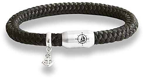 Paris Montana Das Original Yacht Club Kompass Gravur Segeltau Unisex Armband Mit Anker Anhänger Unisex Geflochten Handmade Hochwertiger Magnetverschluss Durchmesser 8mm (Schwarz, 19.00)