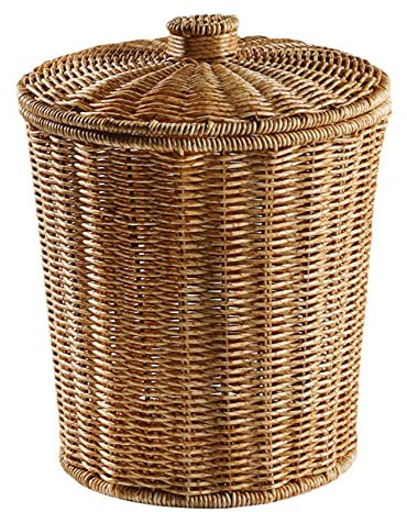 Barabesty Corbeille ronde tressée en rotin avec couvercle - Panier de rangement tissé - Corbeille à déchets Poubelle en osier
