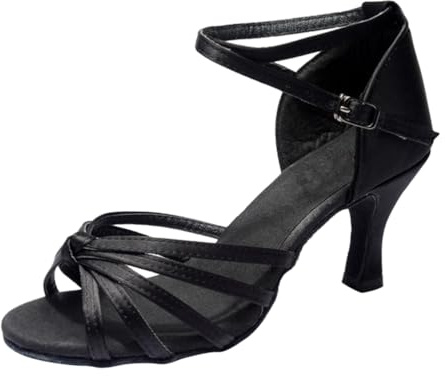 PLAFOPE Latin Dance Shoes for Women High Heels Open-Toed Ballroom Dance Shoes with Knotted Strap Snakeskin Grain Design Easy on and Off for Banquet Wear Size 37 Black