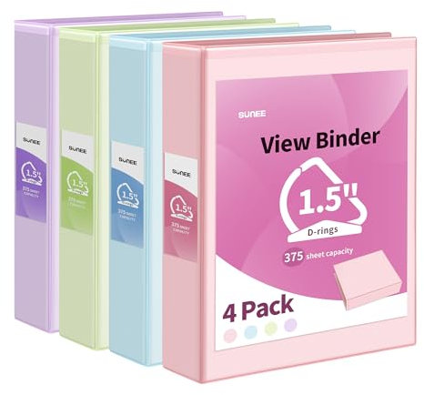SUNEE 3-Ringbuch, Aktenordner, Ringbücher, 3,8 cm D-Ring, transparenter Ordner, 3 Ringe, PVC-frei (passend für 21,6 x 27,9 cm), für Schulordner oder Bürobedarf, sortierte Pastellbinder, 4 Stück