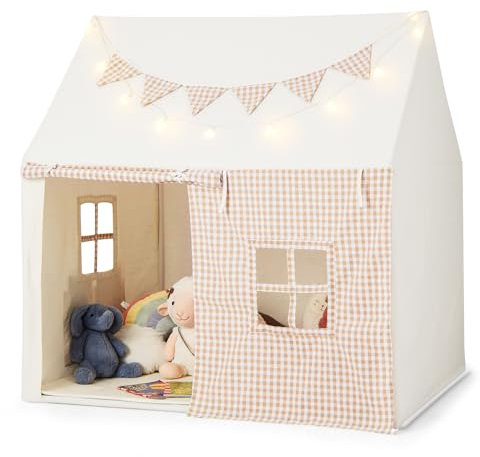 DREAMADE Tente de Jeu Enfants avec Tapis Lavable,Cabane Garçons Filles Intérieur 125x100x127CM avec Lumières Étoiles&Drapeau&2 Poche Latérale,Maison de Jeu Enfant 3-8Ans (Beige)
