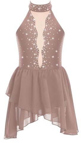 Hansber Abito da Pattinaggio Artistico Bambina Senza Manica Body da Danza Classica Abito Paillettes Vestito da Ballo Costumi di Danza Performance Dusty Pink 11-12 Anni
