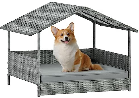 Lyromix Weiden-Hundehütte mit Baldachin, erhöhtes Rattan-Hundebett mit wasserabweisendem, weichem Kissen, großer erhöhter Unterschlupf für kleine, mittelgroße Hunde, Grau