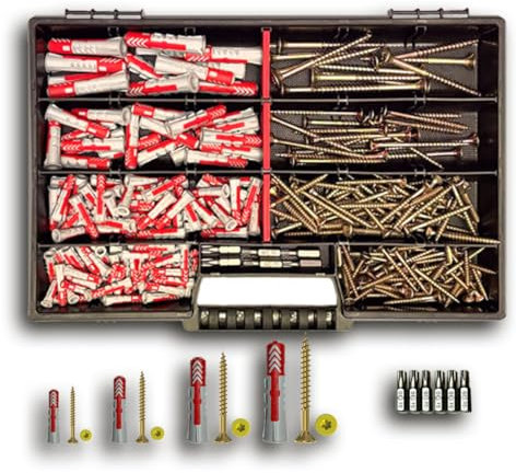 Frackmann Schrauben Set - inkl fischer DuoPower Dübel – 280 Teile im Sortimentskoffer 6 Torx Bits – Größen 5x25 bis 10x50 mm – Profi Befestigungsset für Heimwerker, Beton, Stein & Gipskarton