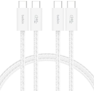 Belkin Paquete de 2 Cables Trenzados USB-C a USB-C de 1,5 m (240 W), carga rápida, cables de alimentación flexibles USB tipo C para iPhone 17 y 16, Galaxy S25, Pixel 10, iPad Pro y otros, Blanco