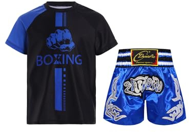 MSemis Kinder Muay Thai Kleidung Jungen Kurzarm Kickbox T-Shirt Und Kurze Hose Zweiteiliger Boxing Fitness Trainingsanzug Blau A 122-128