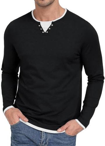 Hisir Camisas de Hombre de Manga Larga Camiseta de Algodón Ajuste Regular en Capas Bloques de Color Cuello Henley Tops Casuales para Otoño e Invierno, Negro, M