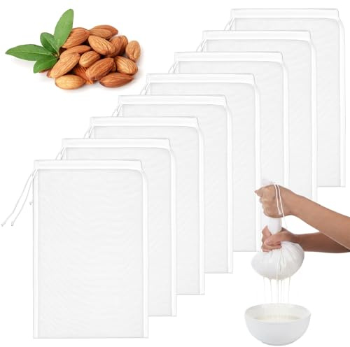 TIESOME 8 Stück Nussmilchbeutel, Passiertuch Wiederverwendbar 35.5 × 24.5 cm Feingewebt Passiertuch Nylon Filterbeutel Nussmilchbeutel Bio Waschbar mit Kordelzug für Nussmilch Käse Kaffee (100)