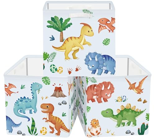 HUUMONSS 30cm Juego de 3 Cajas de Almacenamiento Dinosaurio Organizadoras de Almacenaje Juguetes Palmeras Huevos Plegables Cestas Almacenaje Niños Libro Ropa para Estantes Armario, Volcanesán