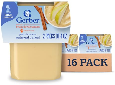 Gerber Stage 2 Baby Food, Pear Cinnamon Oatmeal Cereal Tubs, Iron Helps Support Brain Development, No Added Colors or Flavors, Baby Oatmeal, 16-Pack