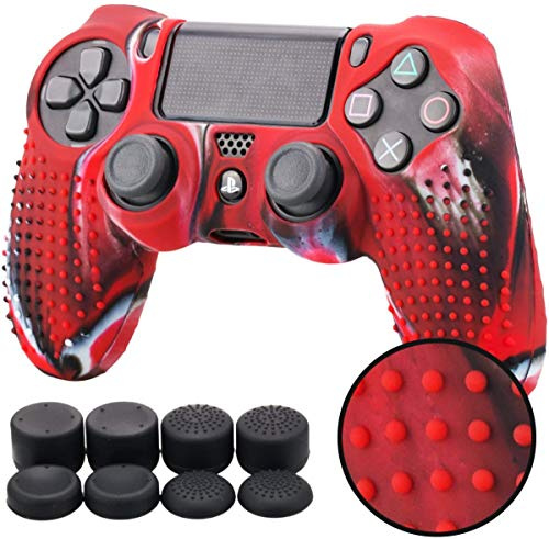YoRHa Studded Silicone Cover Skin Case for Sony PS4/slim/Pro Dualshock 4 Controller x 1(camouflage red) With Pro thumb grips x 8