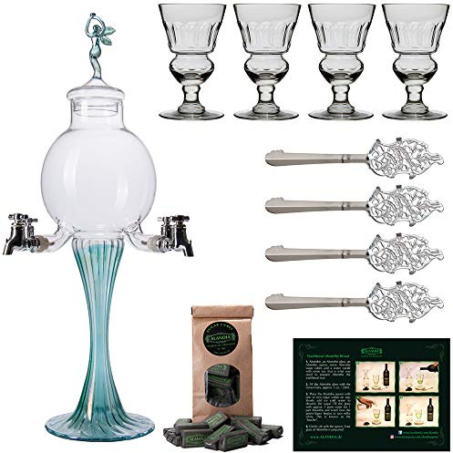 ALANDIA Absinthe Accessory Set Green Fairy 1x Fountain | 4x Reservoir Glasses | 4x Stainless Steel Spoons | 1x Sugar Cubes