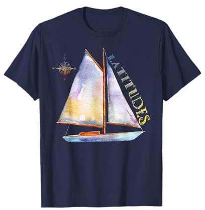 Watercolor Sailboat with Compass and LATITUDES Sailing T-Shirt
