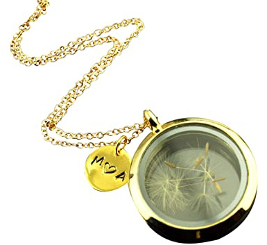 Kette echte Pusteblumen Anhänger Wunsch Text Name Datum Buchstaben Gravur golden Glas Medaillon Juvelato