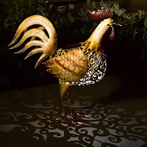 Garden mile Large LED Cockerel Solar Garden Ornament - 44 cm Metal Animal Decoration with Colour-Changing LED Lights & Timer - Copper Effect Rooster for Outdoor Lighting & Decoration