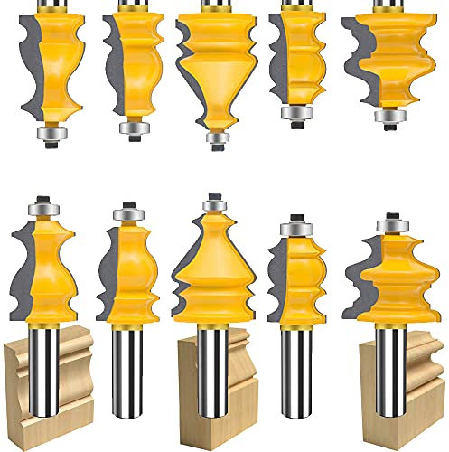 TAIWAIN 1/2 Inch Shank Router Bit Set 5PCS Architectural Picture Frame Molding Bits, Cabinet Wood Milling Cutter Router Bits Sets, Woodworking Miter Carbide CNC Cutting Tool for Doors, Tables(S-BIT)