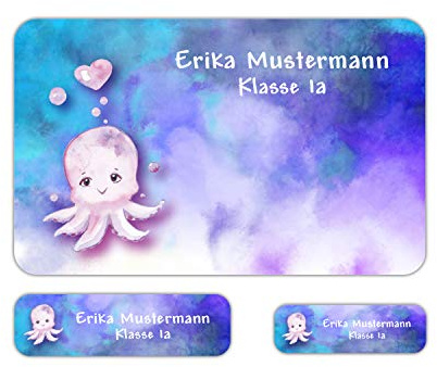 Namensaufkleber Qualle personalisiert 79 Sticker Schule Kita Kinder | Set in 3 Größen für Stifte Brotdose Trinkflasche Bücher Hefte Federmappe Schulranzen Kindergarten Eigentum Alltag