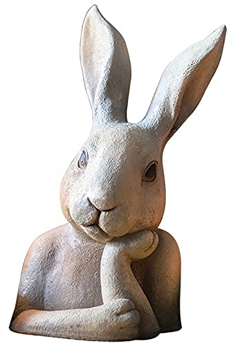 HTian 44cm Groß Bauernhaus Kaninchen Skulptur, Süß Hase Büste Statue im Freien Garten Figur Terrasse Hof Zuhause Dekorationen