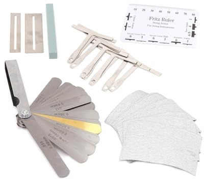 Tomotato Kit de Herramientas de Mantenimiento para Reparación De Guitarras Que Incluye Calibre de Radio de Cuerda Inferior de Guitarra Calibre de Espesores Protector de Diapasón Piedra de Amolar