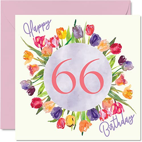 Stuff4 Schöne Geburtstagskarte zum 66. Geburtstag für Frauen | Aquarell Tulpen Blumen Bouquet, Karte für Ihre Oma, Mama, Geburtstagsgeschenke, 145 mm x 145 mm