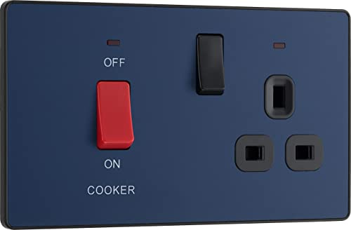 BG PCDDB70B Interrupteur de cuisinière électrique avec prise et LED, prise de commande, double pôle, plaque avant sans vis, Evolve, bleu mat, 45 A, PCDDB70B