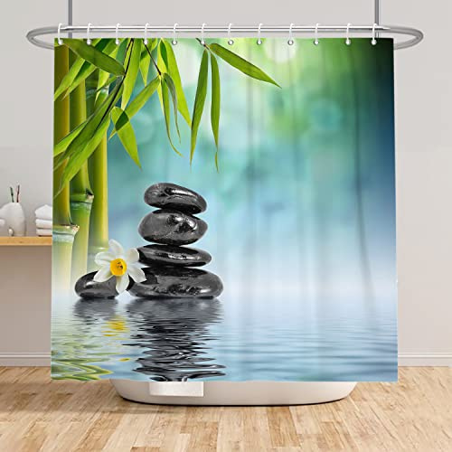 SDOTPMT 90 x 180 cm Rideau de douche japonais en polyester avec crochets Vert Bambou Feuilles Orchidée Basalte Pierres Rideau de salle de bain Zen méditation