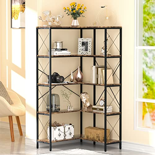 JoliJour Bücherregal, 5 Etagen Eckregal Standregal mit 5 Ebenen, Industrial Regal Holz Bücherregal Industrie, Stabiles Stahlgestell für Wohnzimmer, Büro, Platzsparend, Schwarz