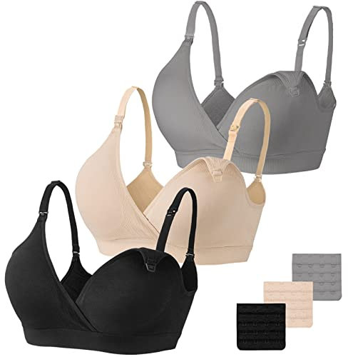 Vinfact Nursing Bra 3 Pack Seamless V Neck Maternity Bra Women Pregnancy Breastfeeding Bra Black/Nude/Grey L