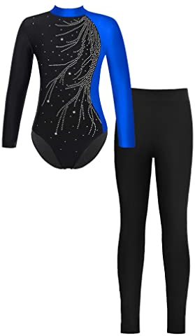 FEESHOW Mädchen Turnanzug Langarm Gymnastikbody Tanz Ballett Leotard Strumpfhose Sportanzug Leggings Bodysuit Set Wettkampf Tanzkleidung F_Blau&Schwarz 158-164/13-14 Jahre