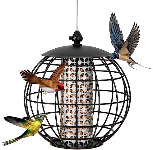 GYMAX Vogel Futterstation zum Aufhängen Vogelfuttersilo mit Schutzkäfig Vogelfutterspender aus rostfreiem Metall Futtersäule für Wildvögel Vogelfutterhaus 21 x 21 x 22,5 cm