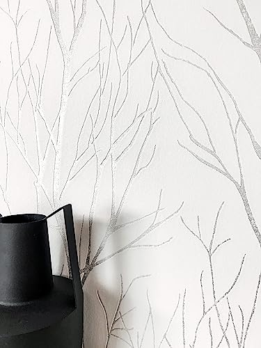 Newroom carta da parati bianco argento rami metallici soggiorno | ramoscelli con riflessi lucidi, particelle brillanti, tessuto non tessuto, struttura fine, stile nordico, camera da letto