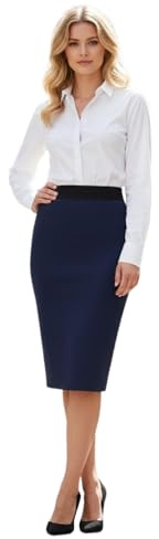 STAR FASHION Women’s Midi Pencil Skirt Knee Length High Waisted Stretch Bodycon Office Skirt Ladies Smart Casual Elasticated Waist Tight Wiggle Skirt UK 8-26