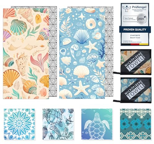 Microfibre Beach Towels for Adults - 2 Pack 180x100cm Lightweight Beach Towel Extra Large, Sand Free & Quick Dry Beach Towel Extra Large for Travel, Swim, Sports(Blue and Pink Shell)