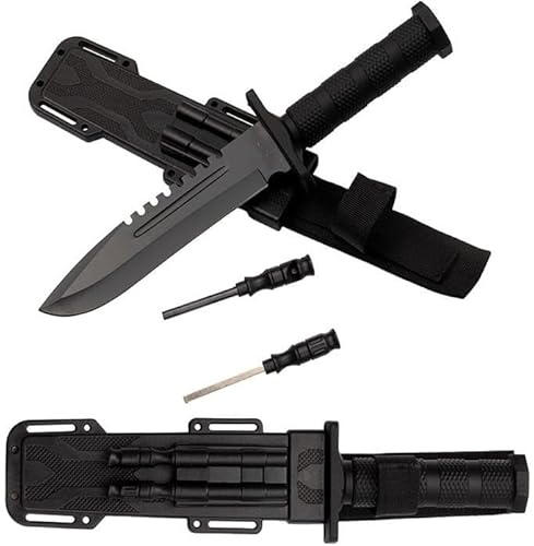 KS-11 Outdoor Messer mit feststehender Klinge incl. Feuerstahl und Schleifstein am Holster als Survival Messer - Bushcraft Knive – Schnitzmesser - Jagdmesser Gesamtlänge 31 cm