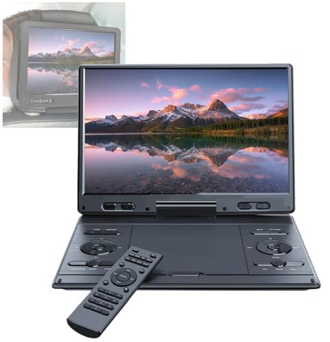 PLABNK Lettore Dvd Portatile, Ampio Schermo HD da 10,5, Rotazione Libera, Memoria per Interruzione di Corrente + Sincronizzazione TV/proiettore, Supporto Dvd/SD/USB, Intrattenimento da Viaggio,Black