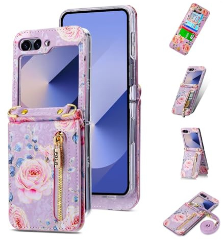 ESONG Fodral för Samsung Galaxy Z Flip6/7 FE,högklassigt läder plånbok blommorna telefonfodral med korthållare/ställ,Crossbody mobilfodral,Stötsäkert Skal,Stöttåligt Case,för kvinna-Violett