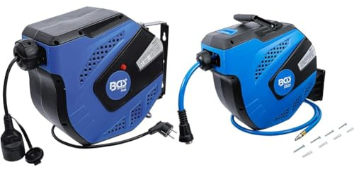 BGS | Automatische Kabeltrommel & Druckluftschlauch | 25 m + 1 m Zuleitung | 180° seitlich schwenkbar | inkl. Montagehalter | Thermo-Schutzschalter | 12 m + 2 m Schlauchlänge | Blau