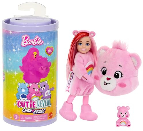 Barbie Cutie Reveal Care Bears Chelsea Muñeca pequeña y accesorios, incluye un disfraz de peluche y 6 sorpresas (los estilos pueden variar), JCN97