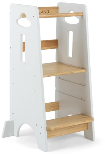 COSYLAND Lernturm ab 1 Jahr - Höhenverstellbarer Learning Tower für Kinder (3-stufig) - Montessori Lernturm mit Kippschutz & Massivholz (Holzfarbe und Weiß)