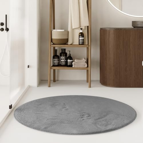 WECONhome Basics - Eleganter Badteppich – rutschfest, waschbar und super weich – Ideal für EIN modernes Bad - Emil (90 cm rund, grau)