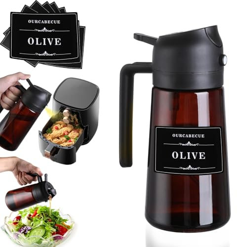 OURCABECUE 2 in 1 Olive Oil Sprayer for Cooking, 16oz/470ml Light-Blocking Dark Olive Oil Dispenser Bottle for Kitchen, Food-Grade Glass Oil Mister with 8 Oil Stickers