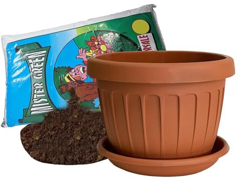 Sicignano | Vaso Terra Tondo 40 cm per Fiori Piante con Sottovaso 23 Litri, Plastica Color Terracotta, con Terriccio 20 Litri, con Fori di Drenaggio, Resistente agli UV, Made in Italy