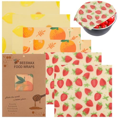 Confezione da 6 involucri riutilizzabili in cera d'api per alimenti, ecologici, in cera d'api, per panini, panini, biologici, sostenibili, zero rifiuti, senza plastica