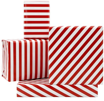 Rotes und weißes Geschenkpapier für Frauen und Männer, Weihnachts-Geschenkpapier mit Zuckerstangen-Streifen-Design – 4 gefaltete Flache Blätter – für Geburtstag, Feiertag, Hochzeit, Babyparty