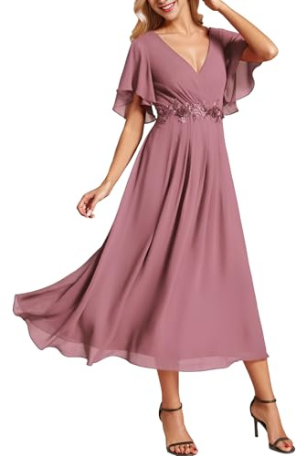 Ever-Pretty Vestito Donna Elegante Abito Cerimonia Donna con Applique e Collo V Midi Maniche a Volant Chiffon Stile Impero Orchidea 44