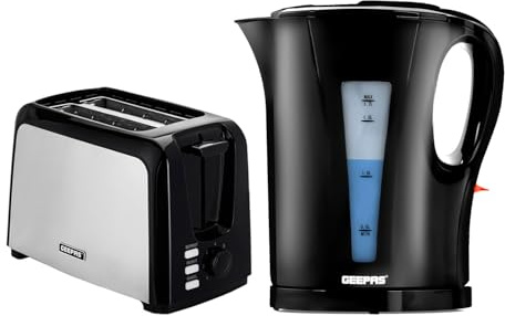 Geepas 2 Slice Bread Toaster & 1.7L Electric Kettle Kitchen Combo Set | 750W Toaster, 7 Level Browning Control, Defrost, Reheat & Cancel Function | 2200W Rapid Boil Cordless Jug Kettle